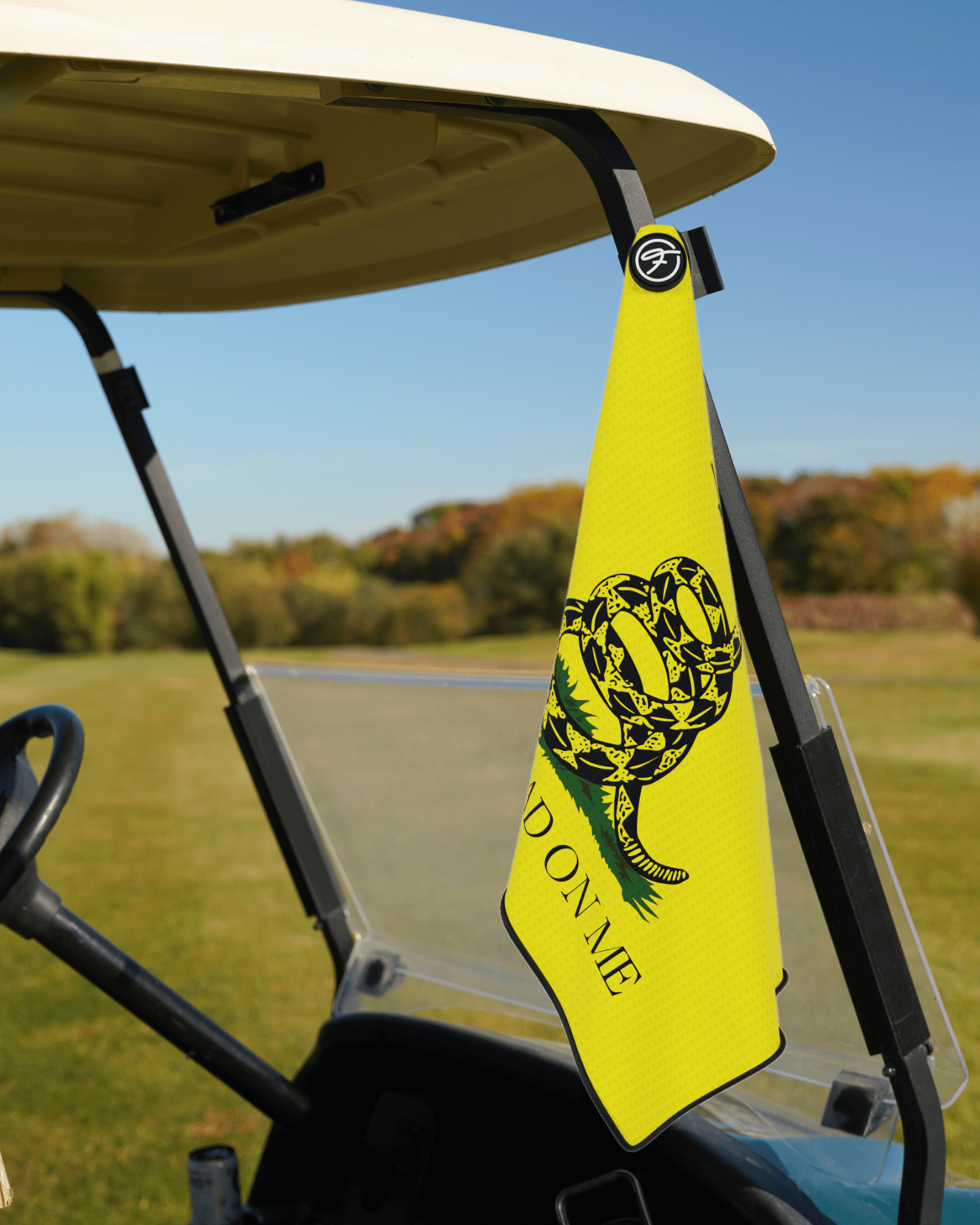 Flag Magnetic Golf Towel with Thin Blue Line Magnetic Golf Towel design securely attached to a golf cart. #color_dont-tread-on-me