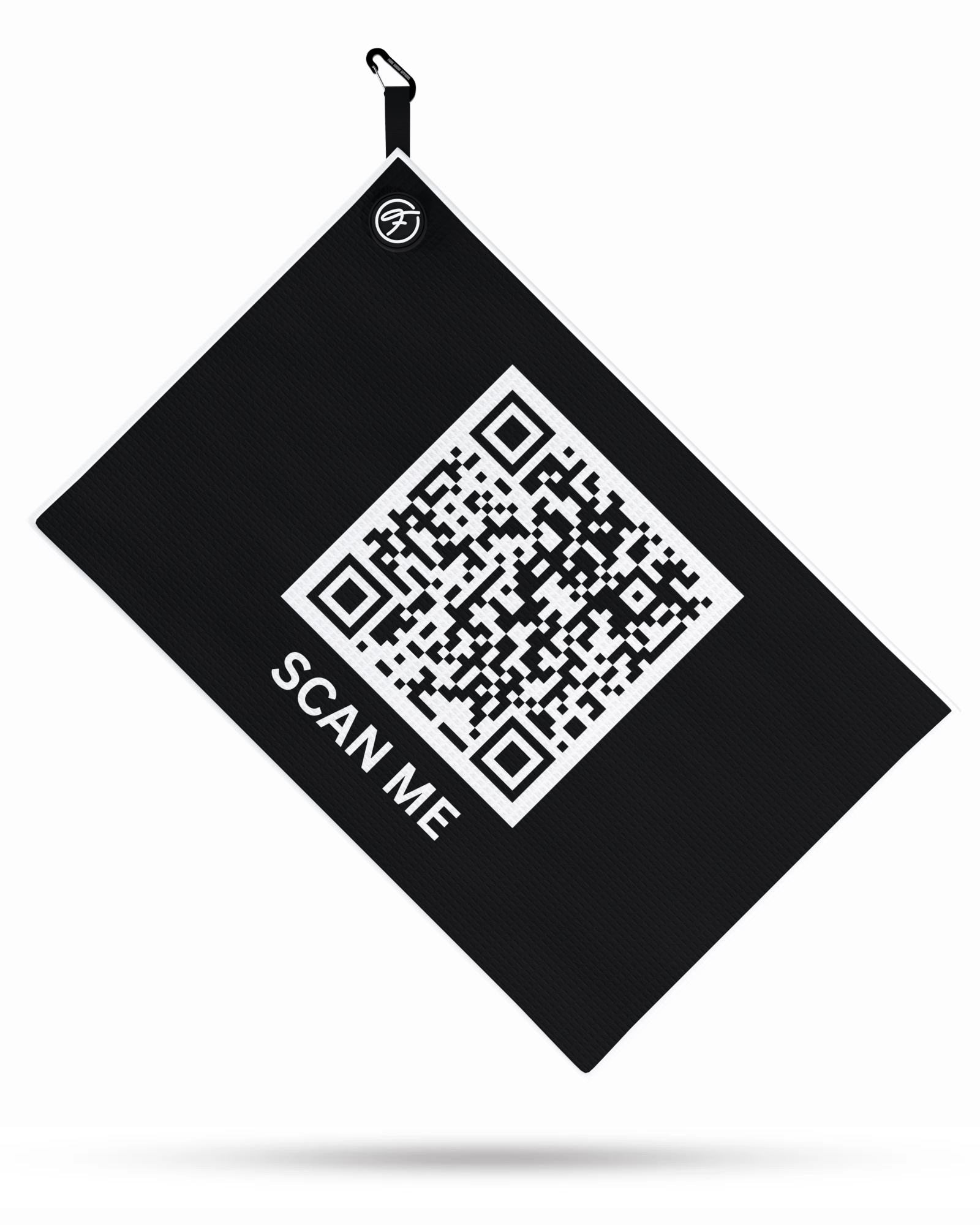 Scan Me Magnetic Golf Towel laid flat, highlighting bold patterns and waffle weave microfiber.