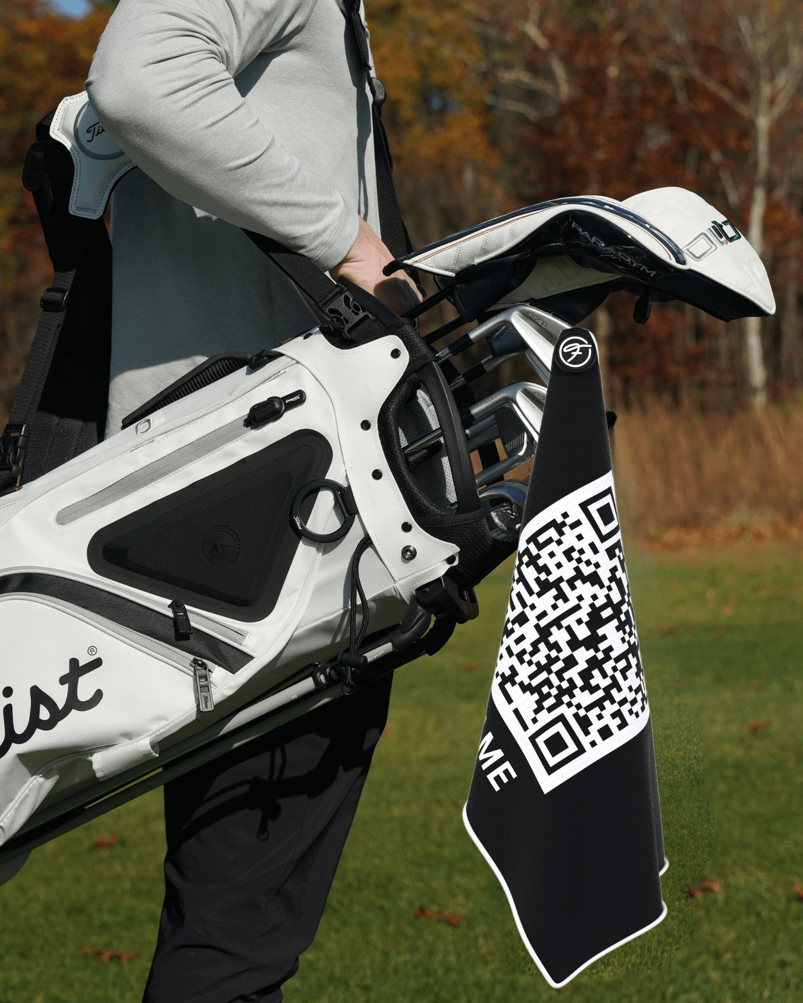 Funny Magnetic Golf Towel with Scan Me design attached to a golf bag. #color_scan-me