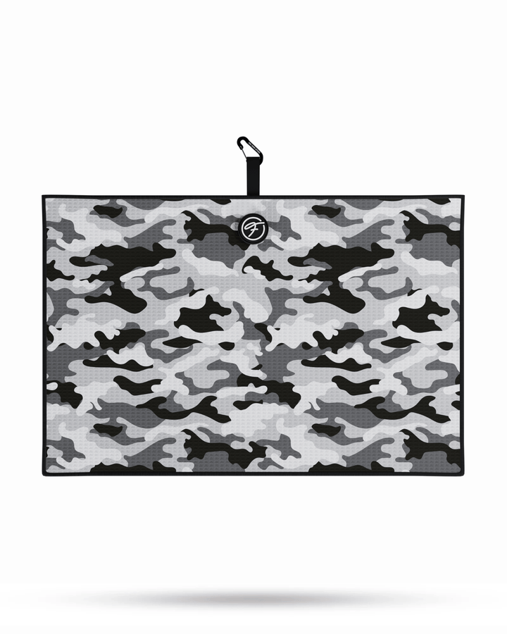 White Camo Magnetic Golf Towel laid flat, highlighting sleek camo design and waffle weave microfiber. #color_white-camo