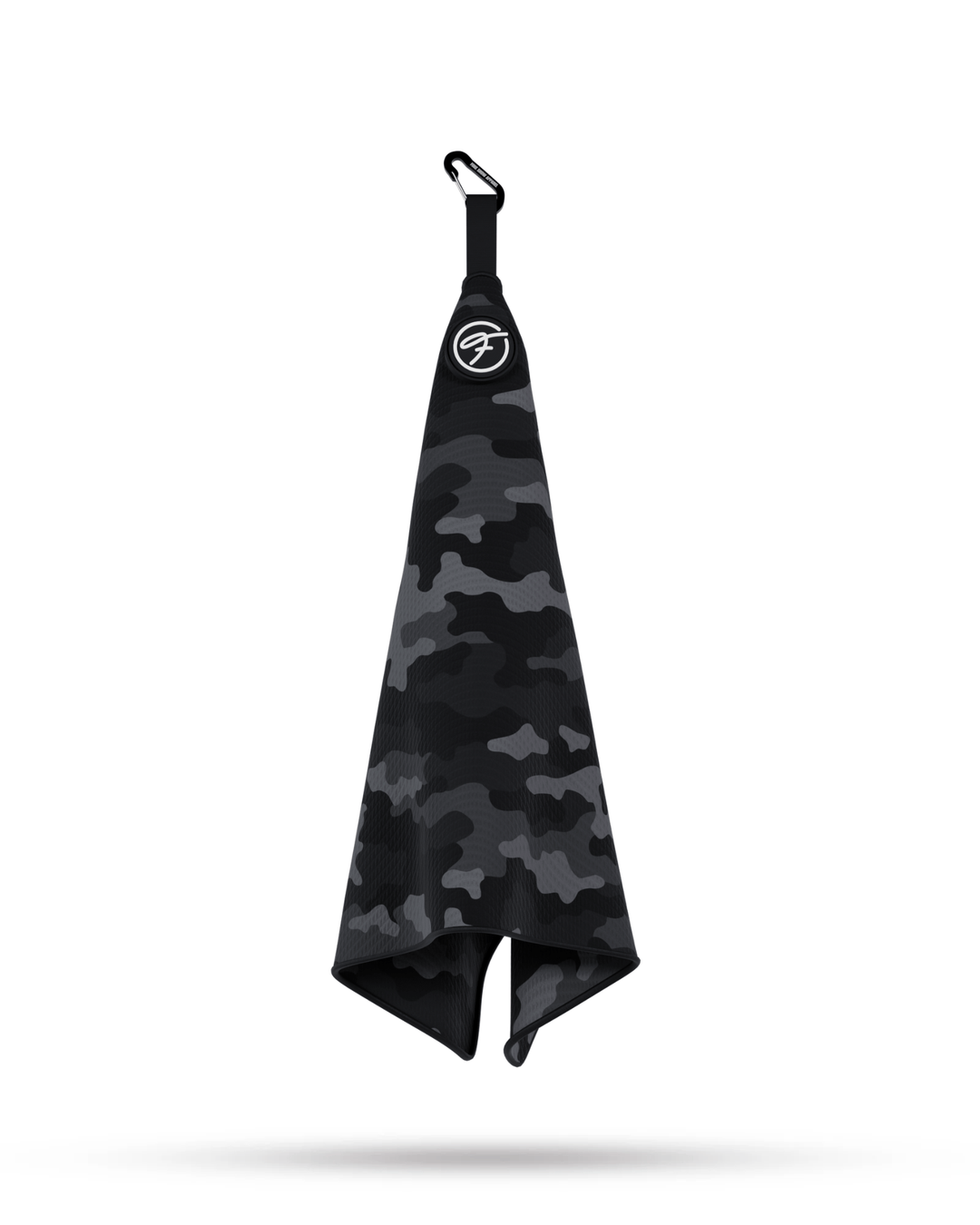 Black Camo Magnetic Golf Towel hanging securely by metal clip for effortless use. #color_black-camo