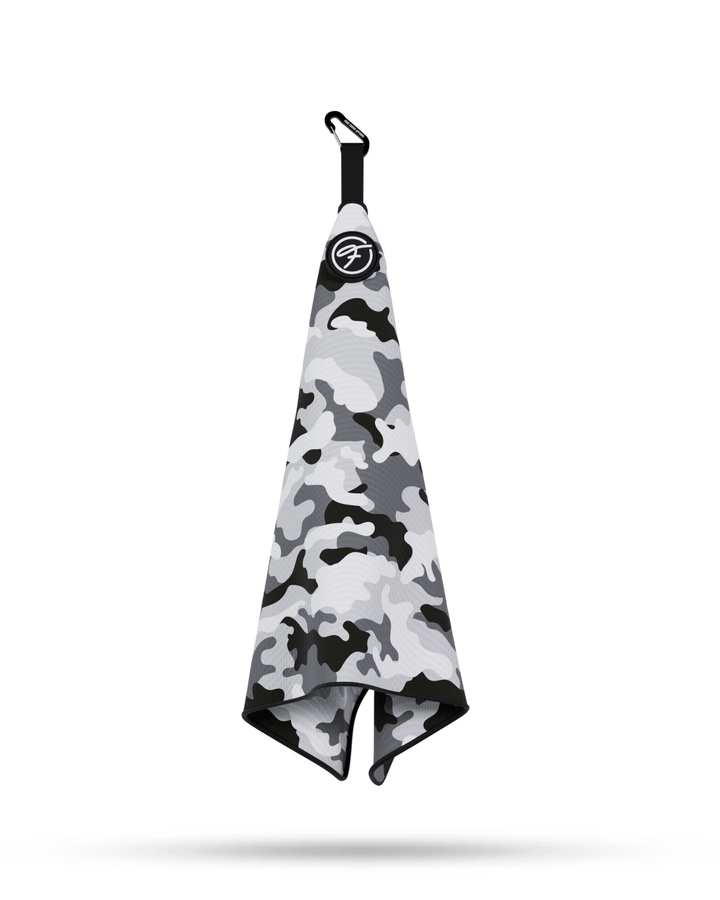 White Camo Magnetic Golf Towel hanging securely by metal clip for quick access. #color_white-camo