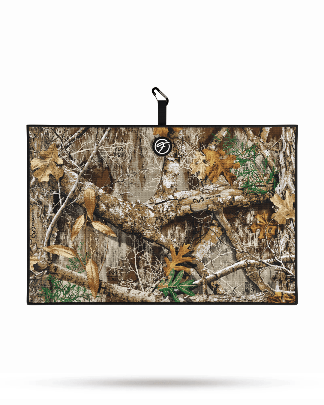 Realtree Magnetic Golf Towel laid flat, showcasing bold camo pattern and waffle weave microfiber. #color_realtree