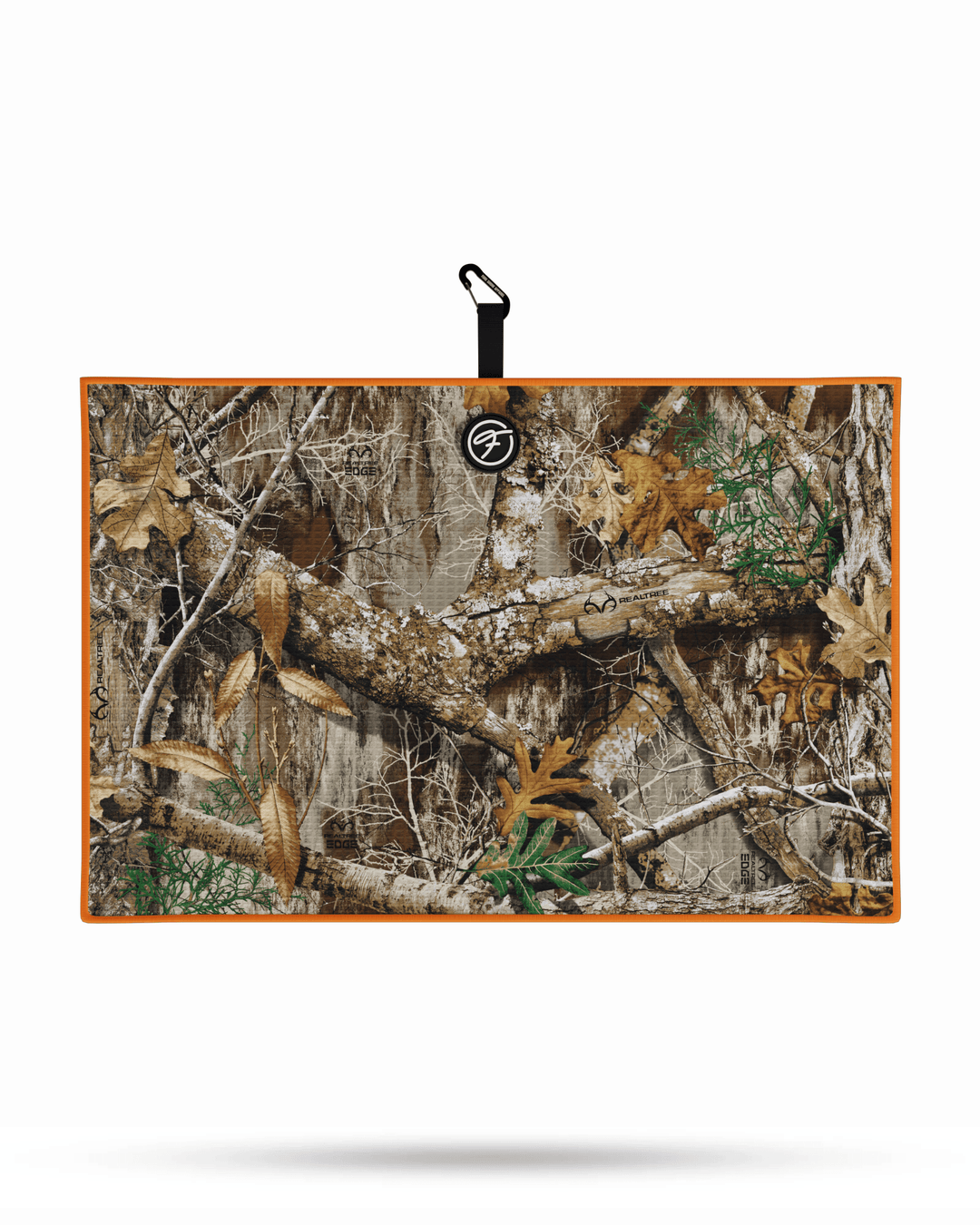 Realtree Orange Magnetic Golf Towel laid flat, showcasing bold camo pattern and waffle weave microfiber. #color_realtree-orange