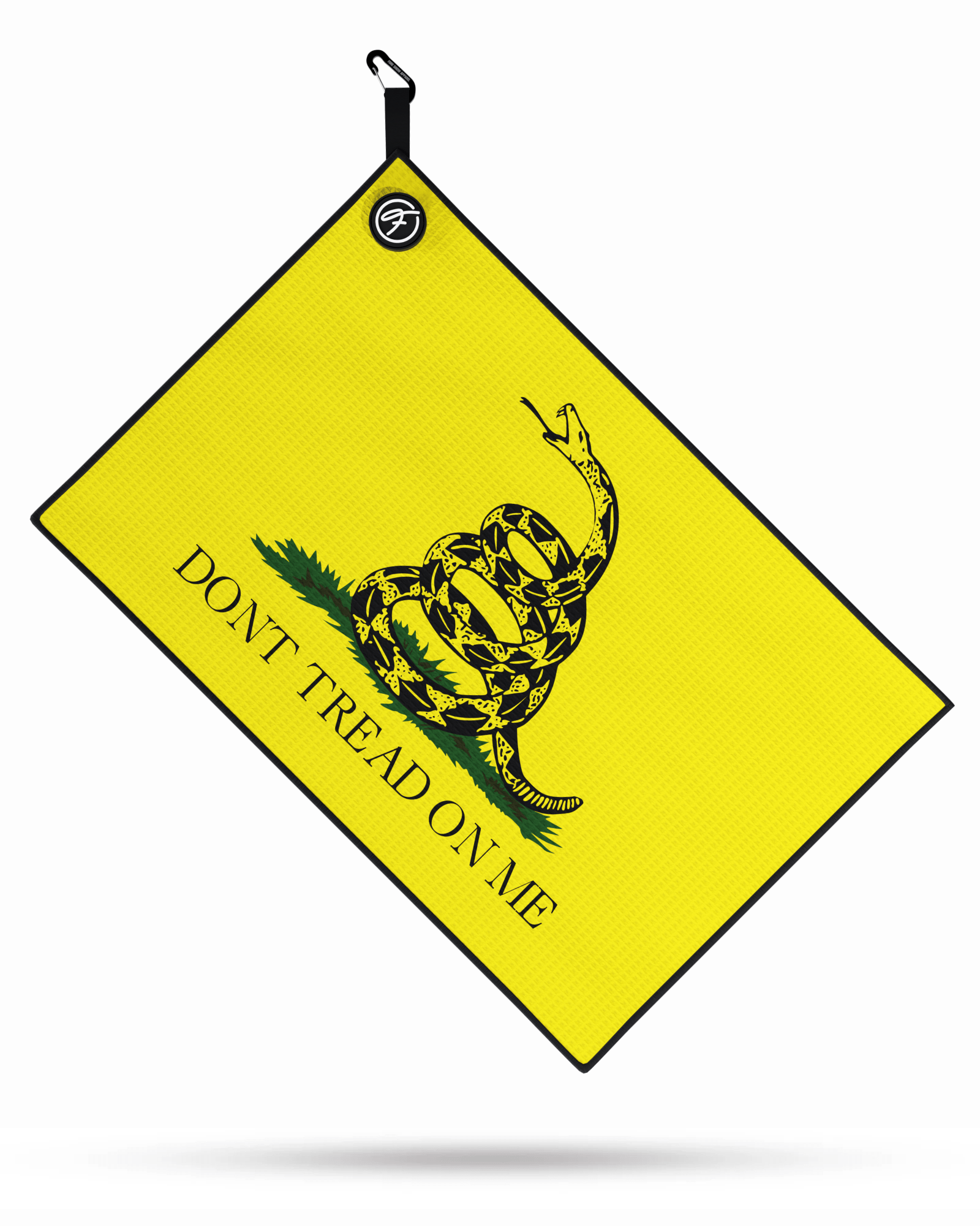 Don't Tread On Me Magnetic Golf Towel laid flat, showcasing bold design and waffle weave microfiber.
