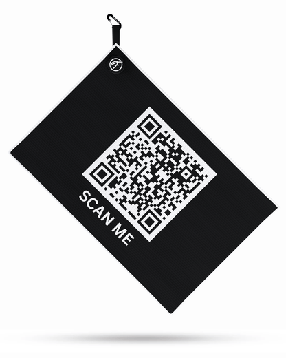 Scan Me Magnetic Golf Towel laid flat, highlighting bold patterns and waffle weave microfiber.