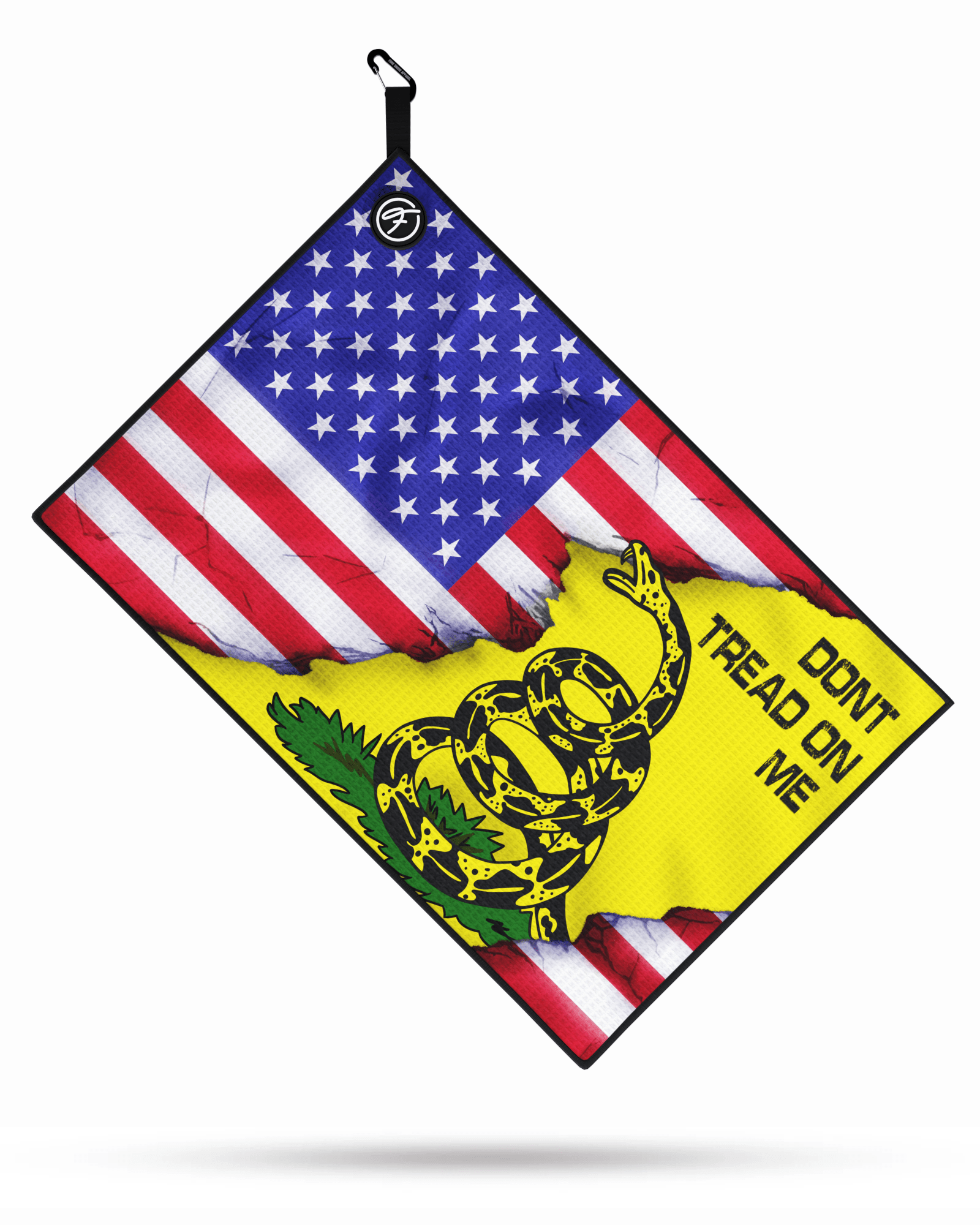 USA Don’t Tread On Me Magnetic Golf Towel laid flat, featuring a blend of American flag and Don’t Tread On Me designs with waffle weave microfiber.