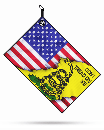 USA Don’t Tread On Me Magnetic Golf Towel laid flat, featuring a blend of American flag and Don’t Tread On Me designs with waffle weave microfiber.