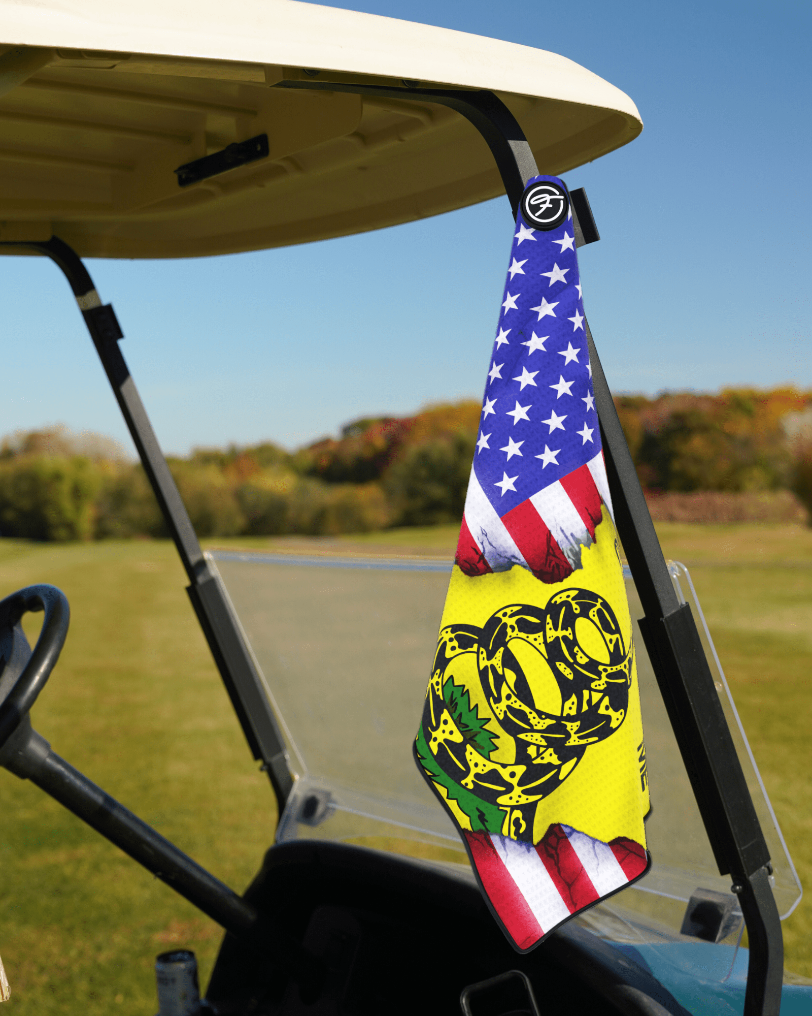 Flag Magnetic Golf Towel with Thin Blue Line Magnetic Golf Towel design securely attached to a golf cart. #color_usa-dont-tread-on-me