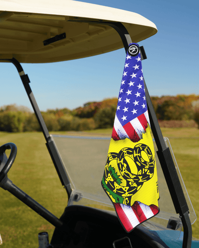 Flag Magnetic Golf Towel with Thin Blue Line Magnetic Golf Towel design securely attached to a golf cart. #color_usa-dont-tread-on-me